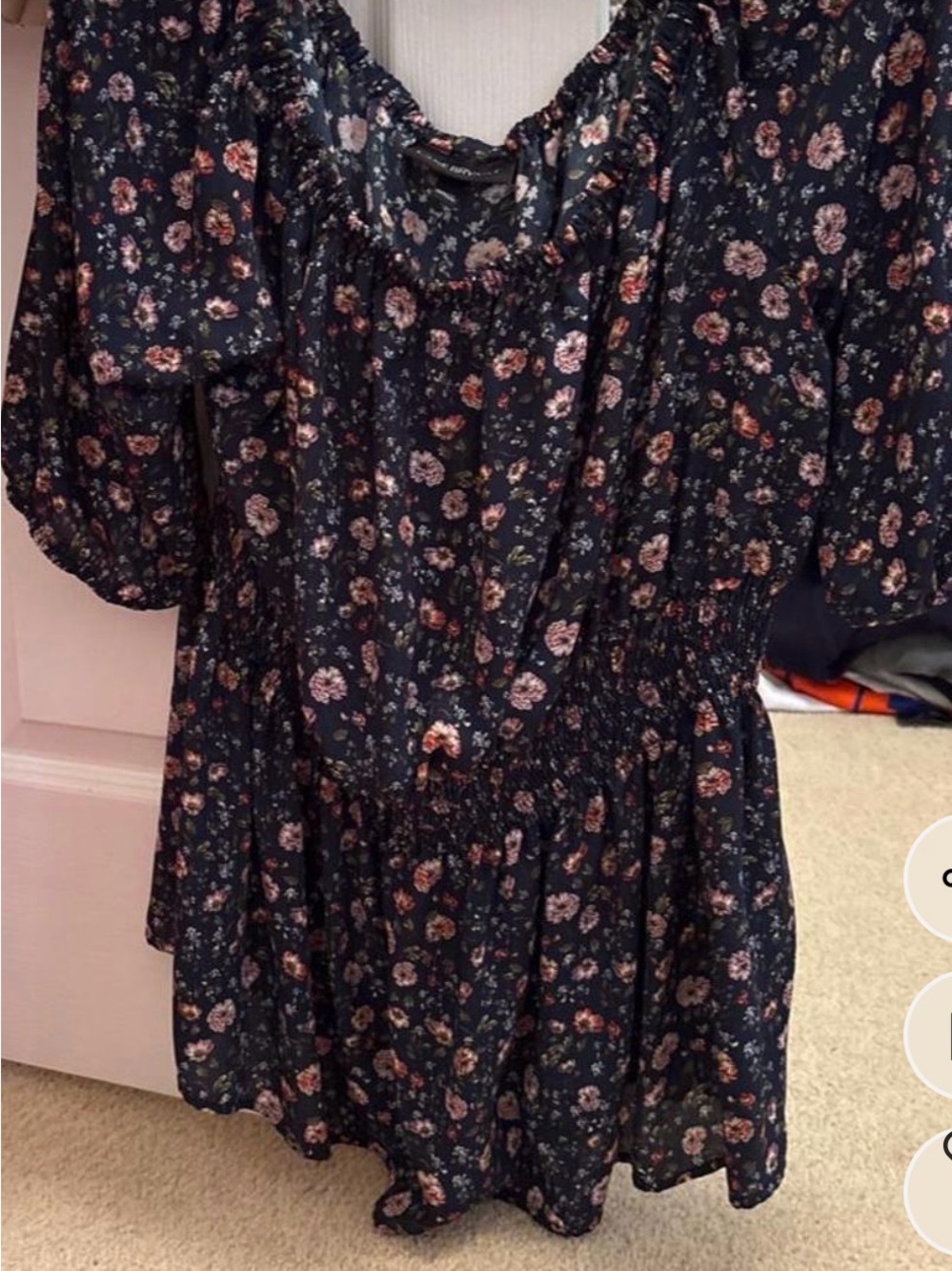 Off the shoulder floral Peasant Top — Navy with Pink Floral Print